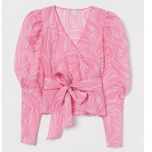 Puff Sleeve Wrap-around Pink Patterned Blouse
